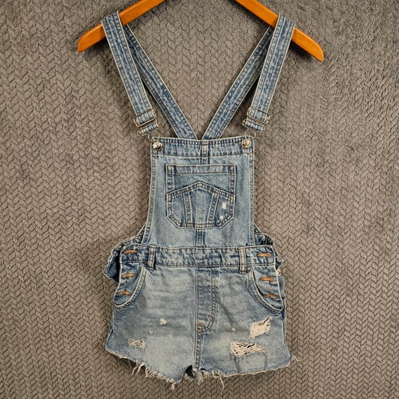 HM Divided Womens Distressed Denim Shortalls Light Wash Ripped Raw Hem Size 4 - Picture 2 of 5